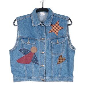 Logo Club VTG Denim Vest L Womens Angel Patches Stars Heart Cotton Buttons 90s